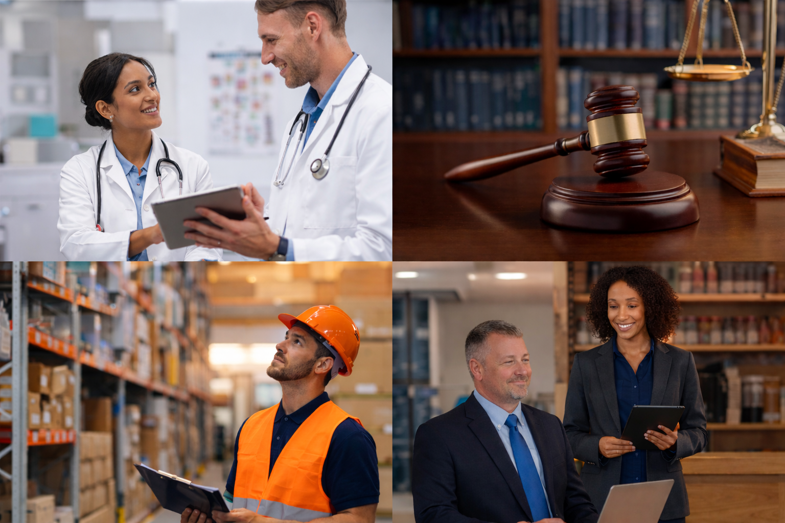 collage with four images: top left shows two doctors with stethoscopes talking, top right is a judge's gavel and legal books, bottom left is a warehouse worker in an orange vest with a clipboard, bottom right is a businessman and businesswoman in an office