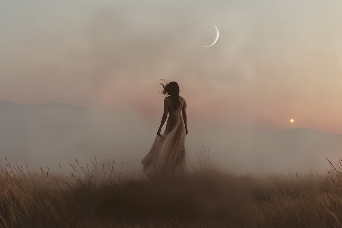 A woman in a flowing dress stands alone in a field of tall grass at dusk, her silhouette softly lit by a crescent moon above and a setting sun near the horizon. The dreamy scene is wrapped in mist, creating a surreal and ethereal atmosphere.