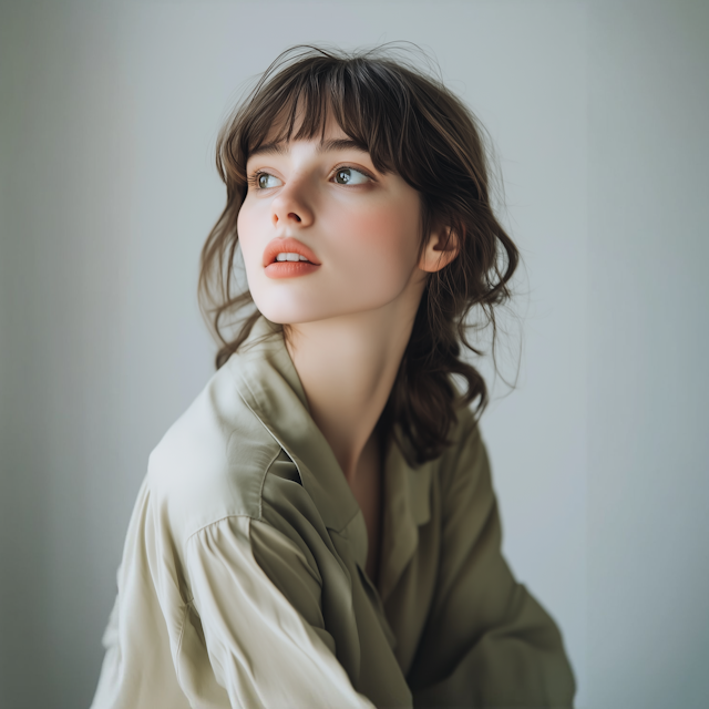 Portrait of a young woman with light brown hair and blue eyes, wearing an olive green blouse, gazing thoughtfully to the side.