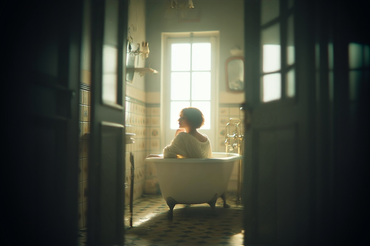 A woman sits in a vintage clawfoot bathtub, softly lit by natural light streaming through a window in a tiled bathroom. The warm, dreamy atmosphere is viewed through slightly open double doors, evoking a quiet moment of solitude and reflection.