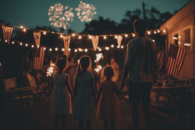 A family enjoys a festive evening with sparklers, string lights, and fireworks, surrounded by patriotic decorations and a warm atmosphere.