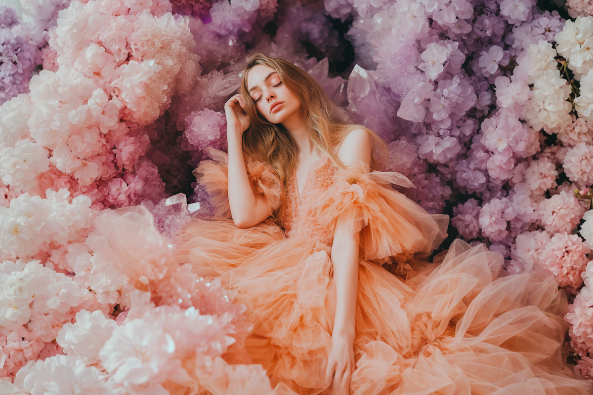 A serene woman in a peach gown surrounded by sparkling pink and purple crystals, exuding elegance and tranquility.