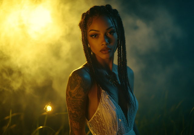 A woman with braided hair and tattoos stands in a misty, golden-lit setting, wearing a white lace top. The scene is atmospheric and moody.