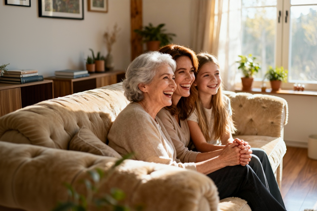 Three generations of women sharing a joyful moment on a cozy sofa in a warmly lit living room.