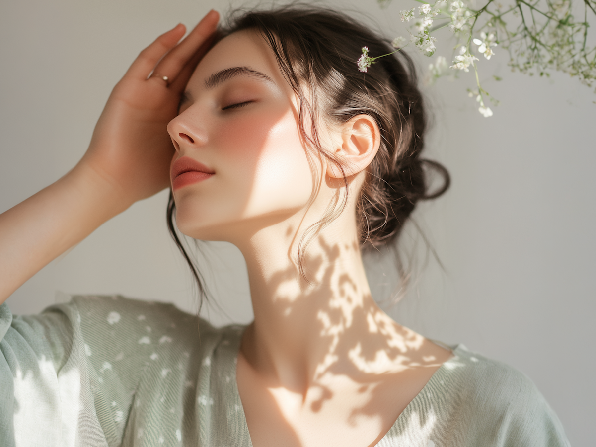 Serene portrait of a woman with floral shadows on her face, eyes closed, in soft lighting. Dreamy and artistic composition.