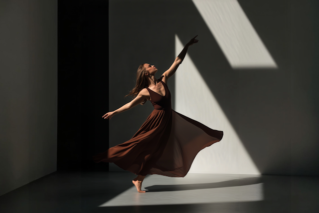 A dancer in a flowing brown dress strikes a graceful pose in dramatic lighting, with sharp shadows creating a minimalist, artistic vibe.