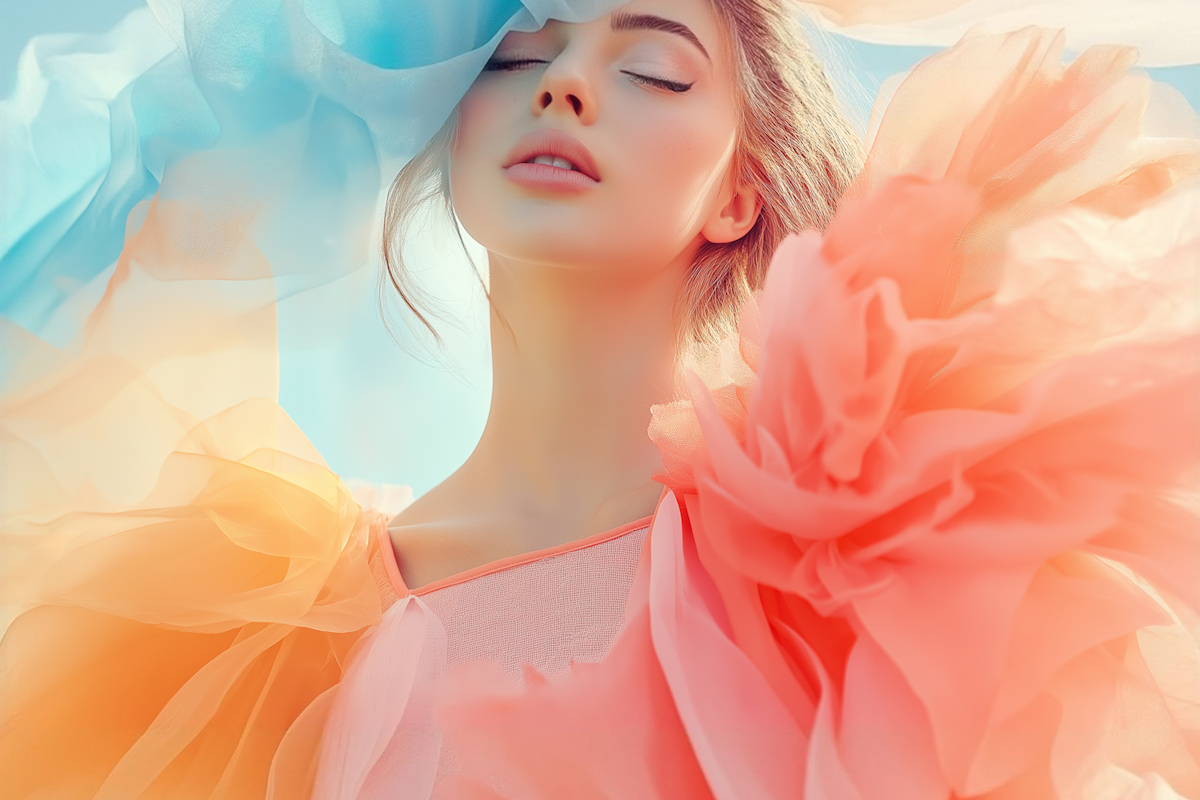 Dreamy close-up of a woman surrounded by pastel fabrics in peach, pink, and blue, with sunlight and a clear sky adding a soft glow.
