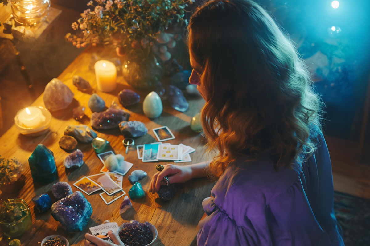 A woman with wavy hair sits at a wooden table surrounded by glowing candles, tarot cards, and a vibrant collection of crystals and gemstones.