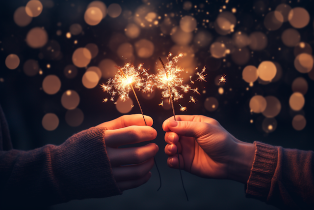 Two hands holding sparklers with glowing bokeh lights in the background, creating a warm and festive atmosphere.