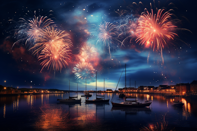 Colorful fireworks light up the night sky over a serene harbor with sailboats and warmly lit waterfront buildings.