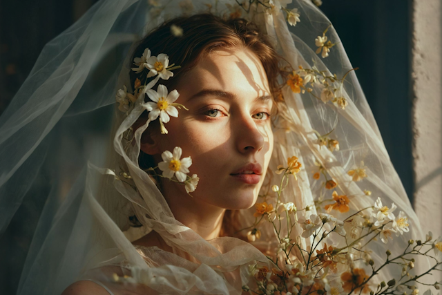 A serene portrait of a woman with flowers in her hair, bathed in warm sunlight, creating a dreamy and ethereal atmosphere.