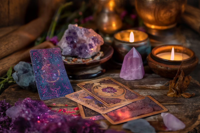 Mystical tarot cards, crystals, and candles on a rustic table, creating a magical and spiritual ambiance with warm glowing light.