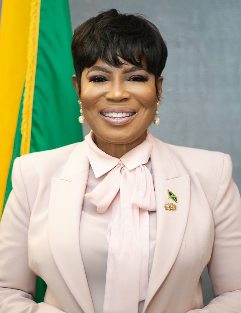 Portrait of a smiling woman with short dark hair, wearing a light-colored blazer and blouse, with a South African flag pin on her lapel, against a plain gray background.