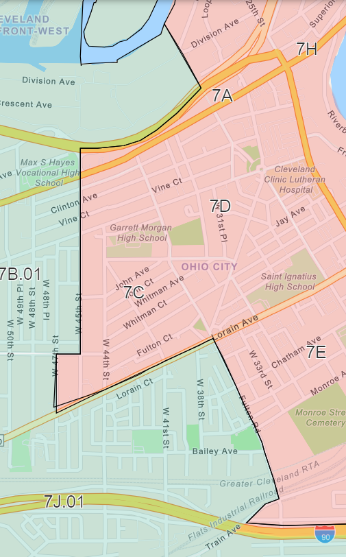 Map of Cleveland, Ohio showing districts, streets, schools, hospitals, and landmarks with color-coded boundaries.