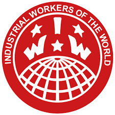 Logo of the International Workers of the World with a red background, globe, and white text.