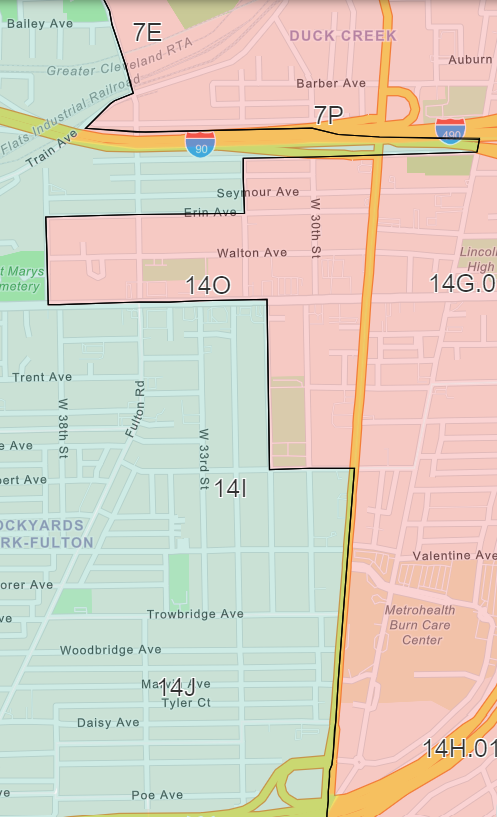 Map showing neighborhoods and streets in Auburn, with marked zones 7E, 7P, 14O, 14G.O, 14I, 14J, and 14H, including major roads like I-90, and landmarks such as Duck Creek, Auburn Cemetery, and Metrohealth Burn Care Center.
