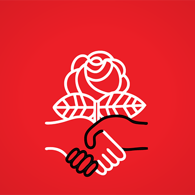 A graphic illustration of a rose and two leaves above a handshake on a red background.