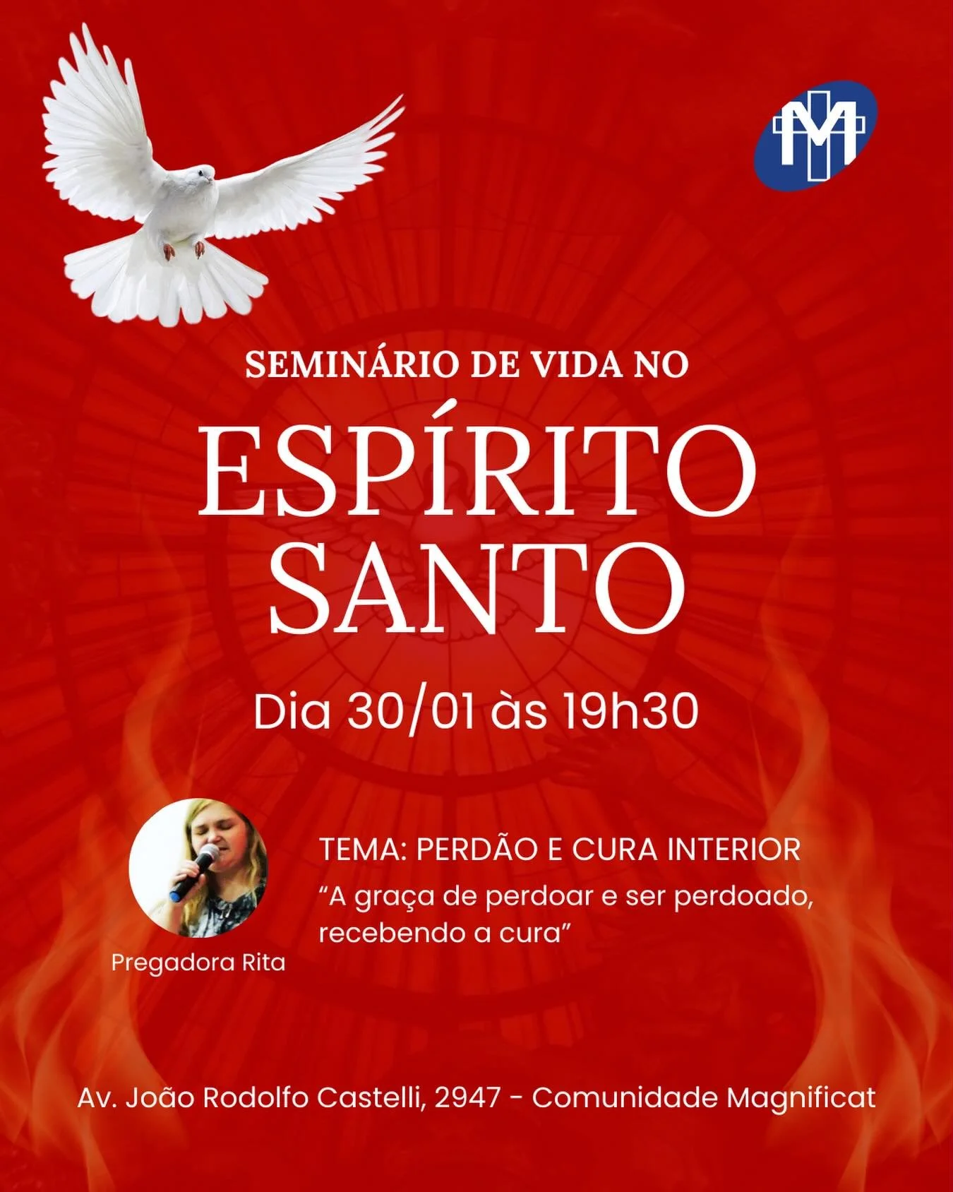 Hoje ir&aacute; acontecer o nosso sexto dia do semin&aacute;rio de vida no Esp&iacute;rito Santo!🔥

Tema: &ldquo;Perd&atilde;o e cura interior: a gra&ccedil;a de perdoar e ser perdoado, recebendo a cura&rdquo;

🕢 &Agrave;s 19h30
📍Av. Jo&atilde;o R