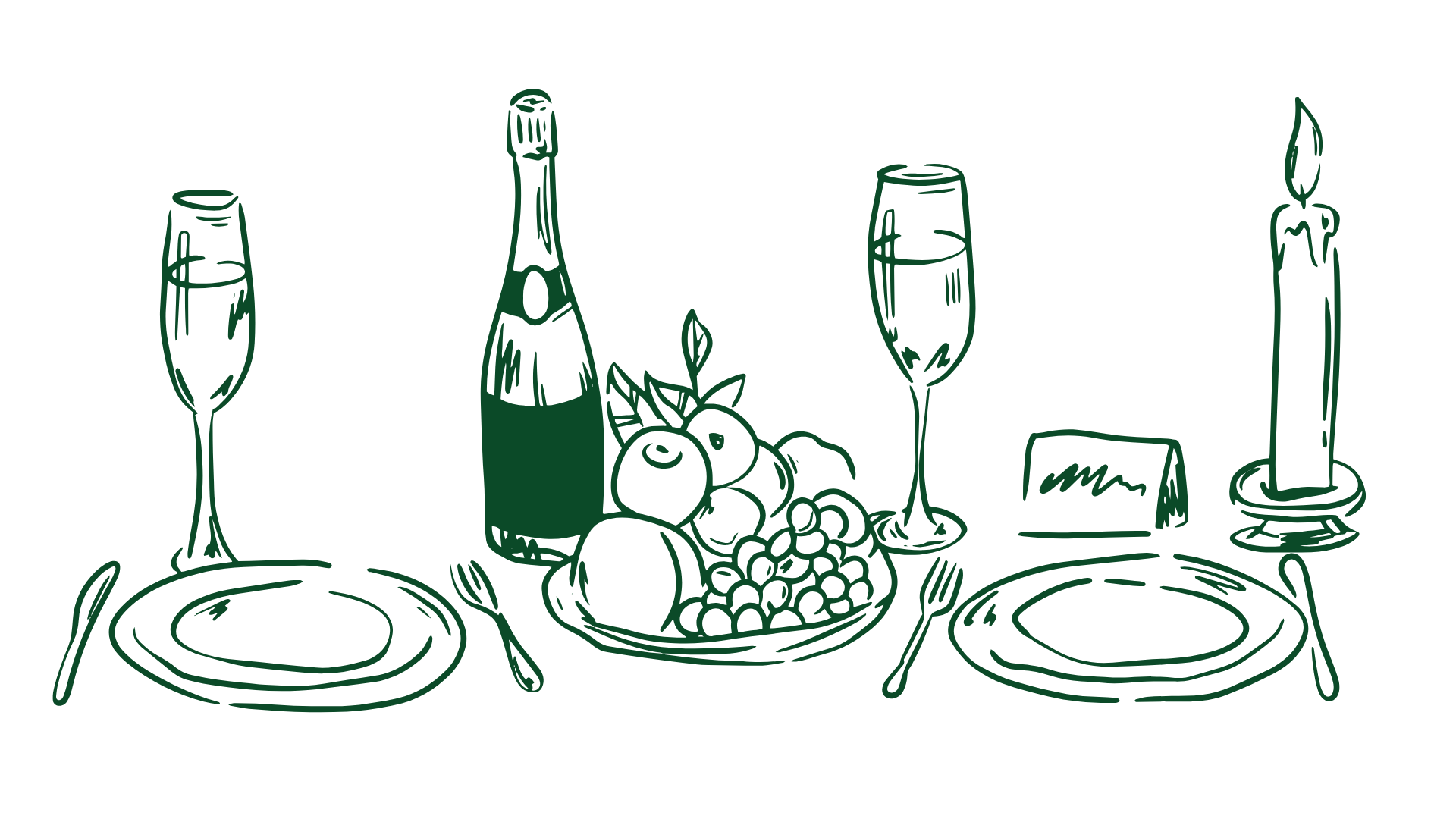 Line drawing of a dinner table setting with two plates, glasses of water, a bottle of champagne, a bunch of grapes, fruit, a candle, and a food label.