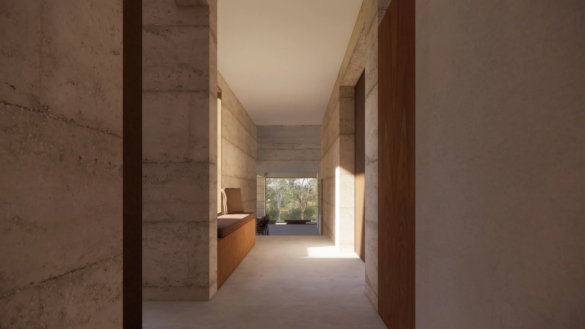 A modern corridor with stone walls, wooden paneling, and a large window at the end showing trees outside, illuminated by natural light.