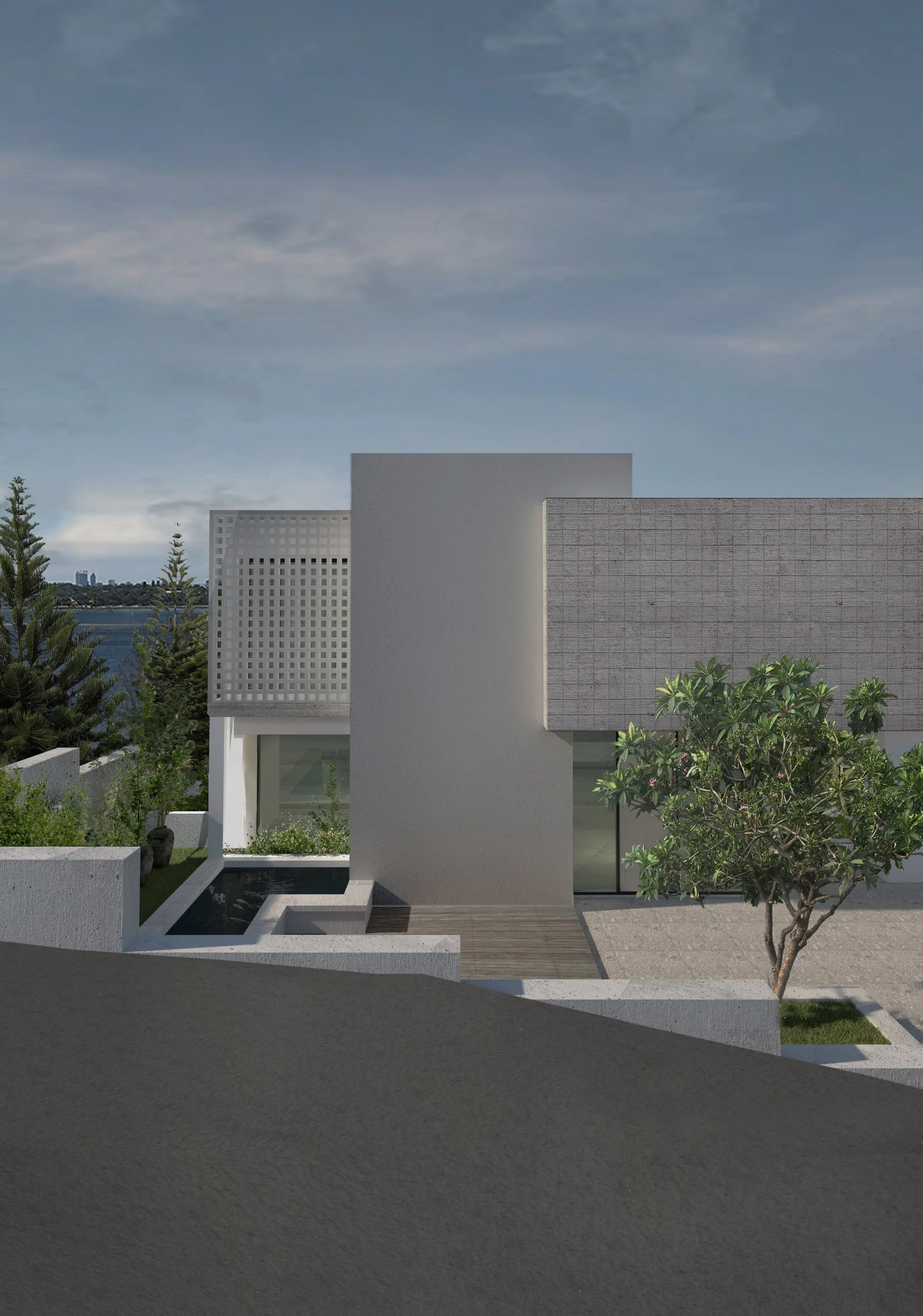 Modern white house with textured roof and a small tree in front, situated on a sloped landscape with a view of water and distant buildings in the background.