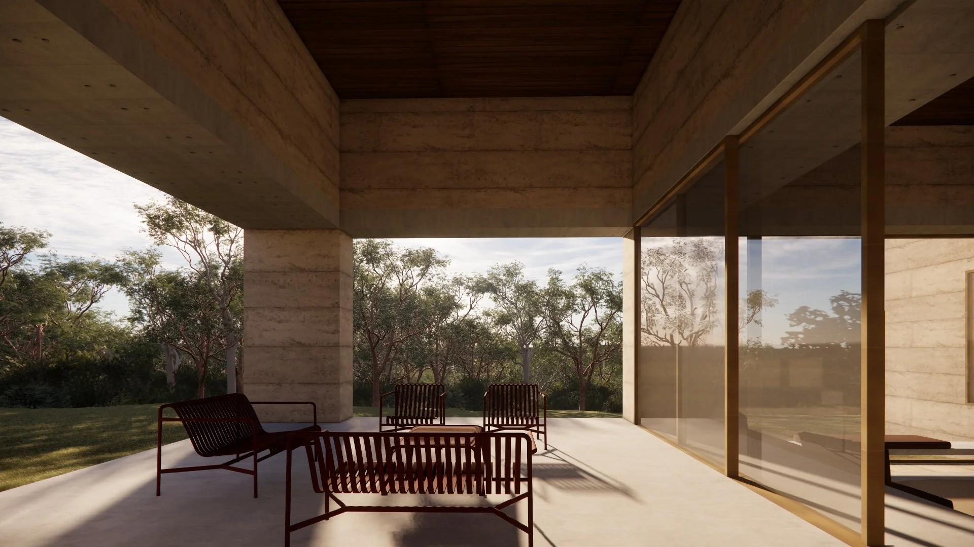 A modern outdoor patio with four chairs and a table, surrounded by trees and greenery, with a view of the sky and clouds in the background.
