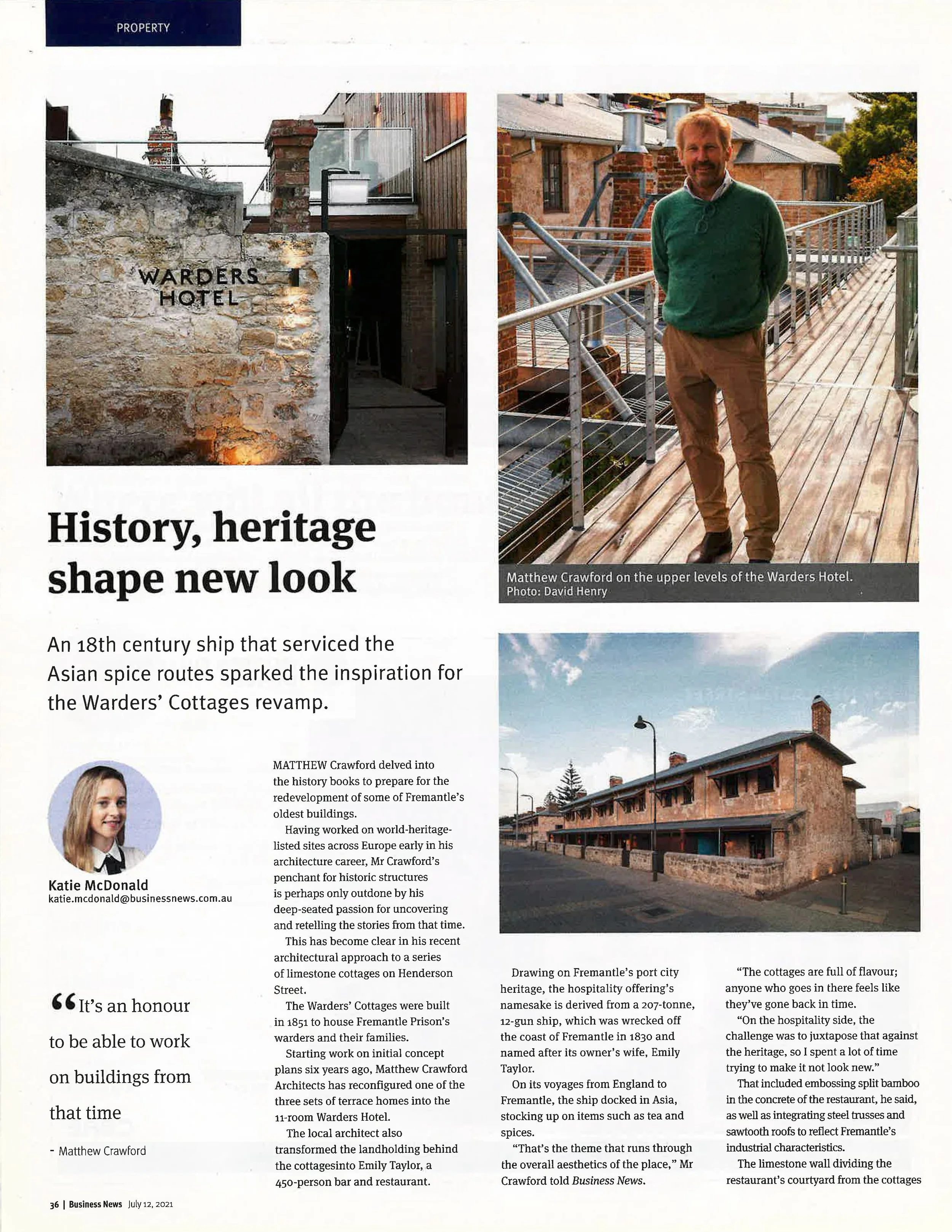 Two photographs in a magazine article. The left photo shows a stone wall with the words 'Warders Hotel' on it. The right photo shows a man in a green sweater and khaki pants standing on a wooden balcony with brick buildings and trees in the background.