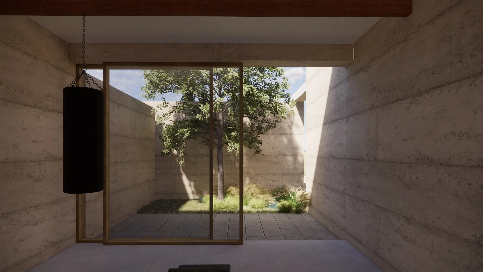 Indoor space with beige stone walls and a large glass window opening to a small outdoor garden with a tree and plants, sunlight casting shadows inside.