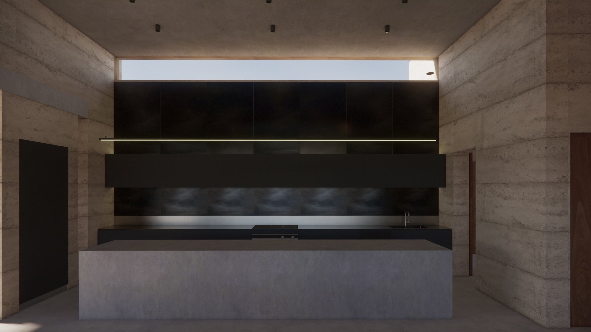 Modern kitchen with concrete walls, black cabinets, and a sleek countertop with a stove and faucet, illuminated by natural light through a horizontal window at the ceiling.