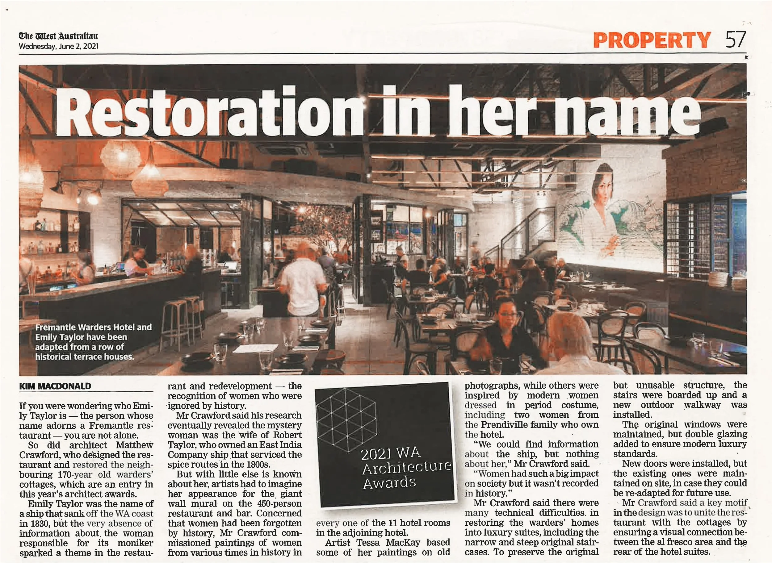 A newspaper page from The West Australian featuring an article about a restaurant renovation, with a large photo of a lively, modern restaurant interior showing people dining and socializing, with some artwork on the walls and contemporary lighting.
