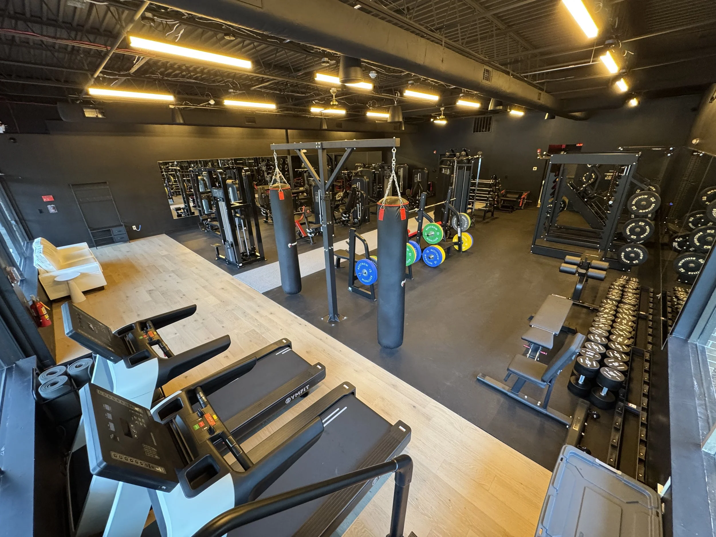 Empty gym with treadmills in the foreground, weightlifting equipment on the right, and punching bags in the center, with a seating area on the left.