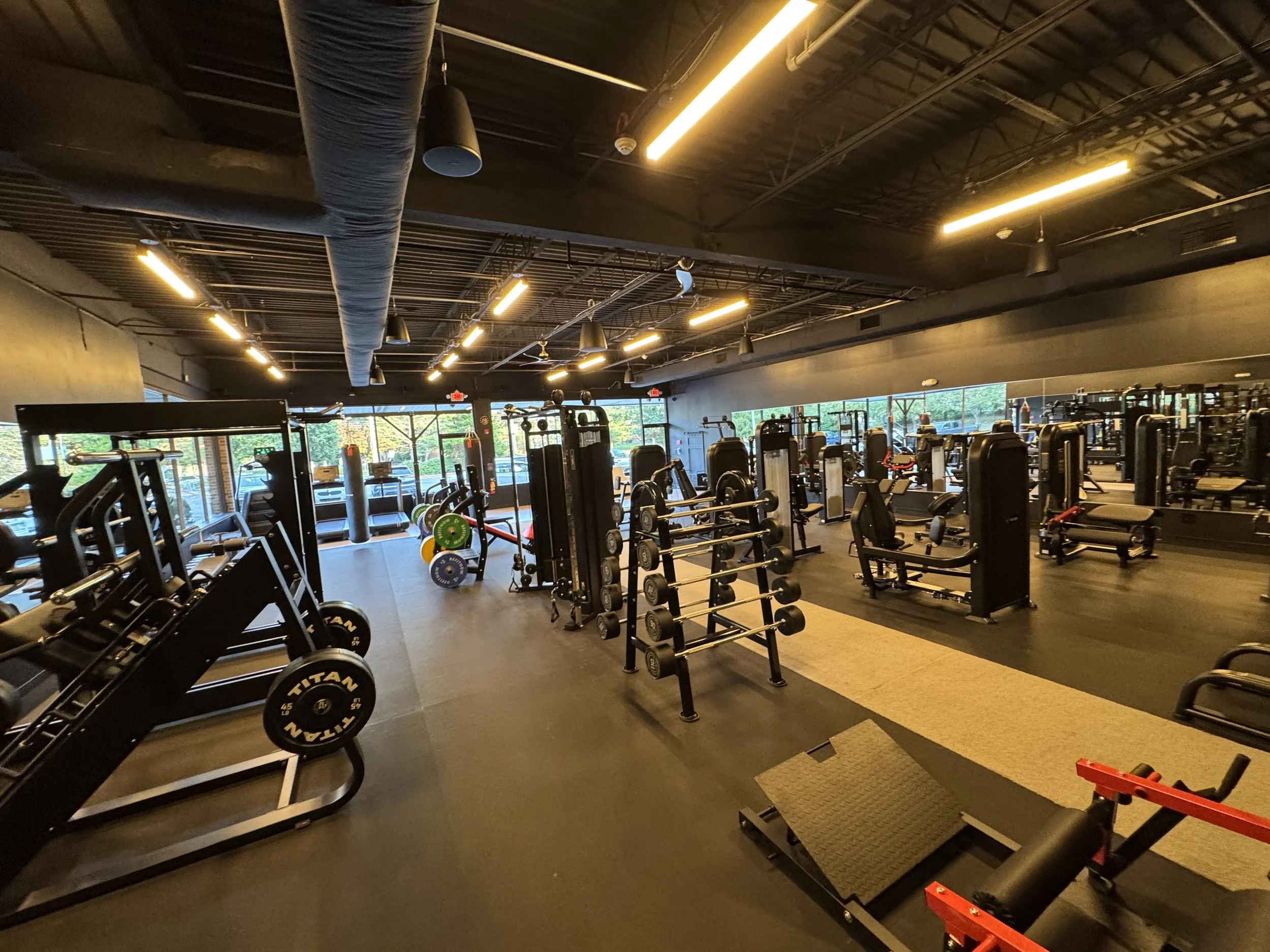 Interior view of a spacious gym with various workout equipment, including weight machines, free weights, and cardio machines, with large windows allowing natural light to enter.