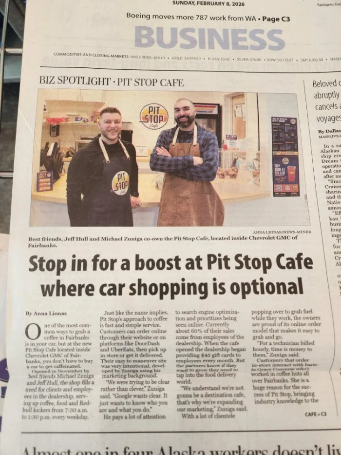 Front page of the Fairbanks Daily News-Miner dated Sunday, February 8, 2026, highlighting a business feature about Pit Stop Cafe in the Inside Today section.