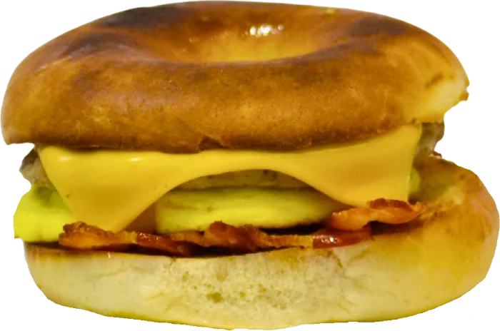 Hot breakfast sandwich with egg, cheese, and bacon served fresh at Pit Stop Cafe in Fairbanks