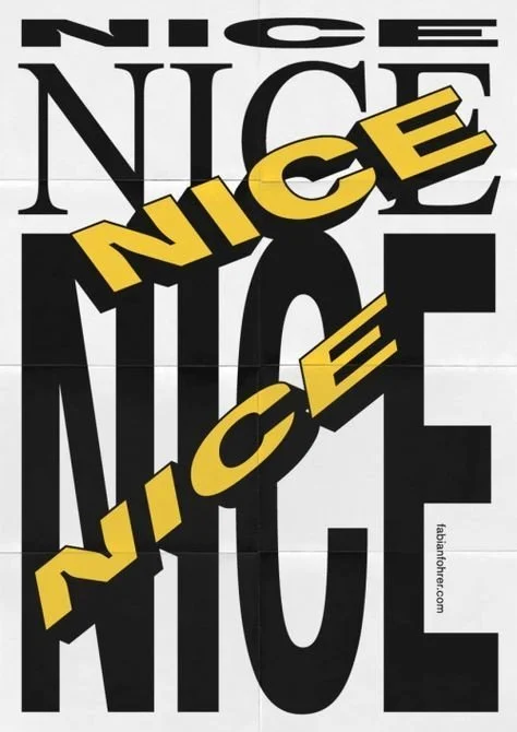 A graphic design artwork featuring the word "NICE" in black and yellow, with the background displaying the words "NICE" and "LOVE" in black and white.