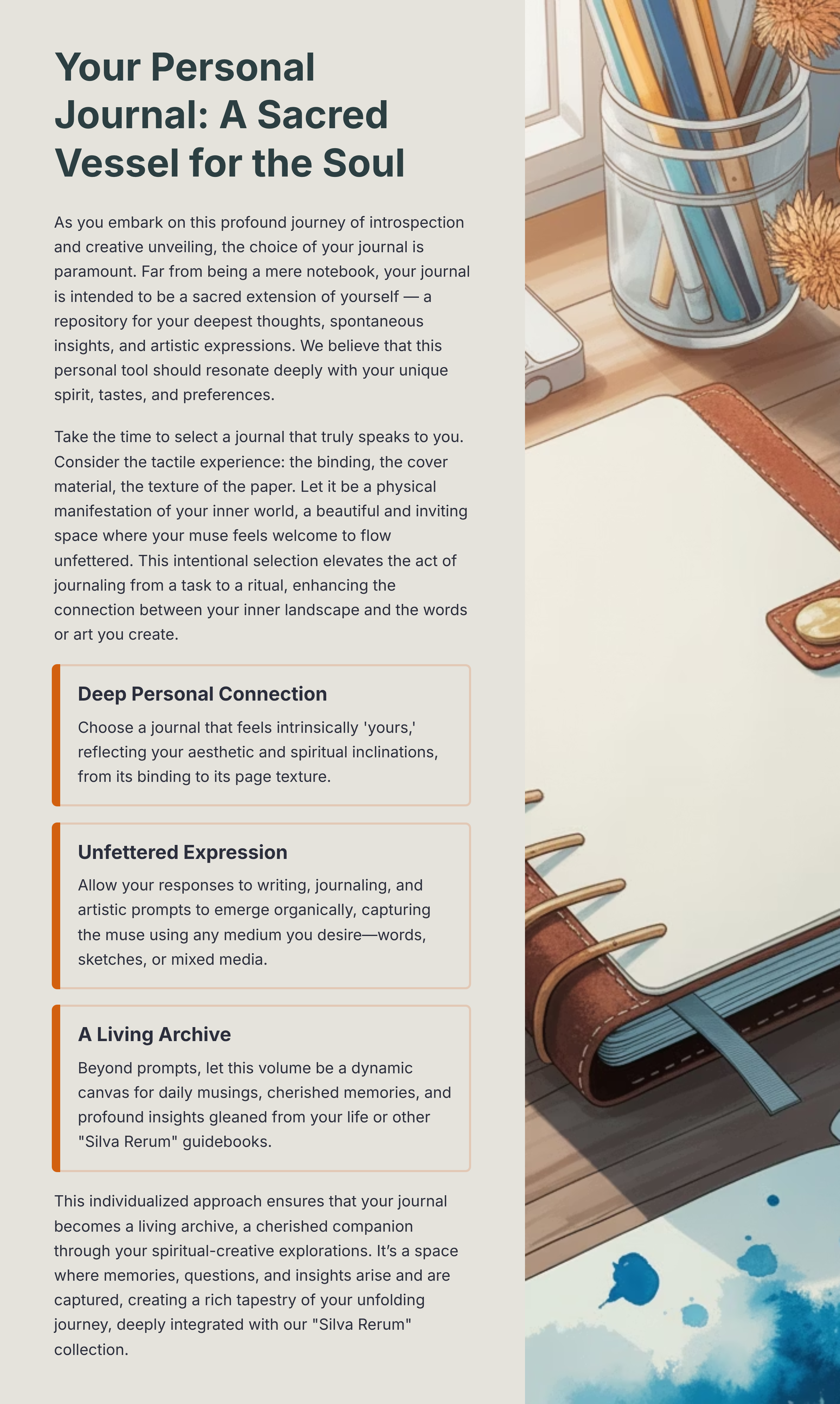 A digital illustration of a desk setup with an open journal, a container holding colored pencils, and a small ink pad with a wooden handle, next to a window with sunlight streaming in.