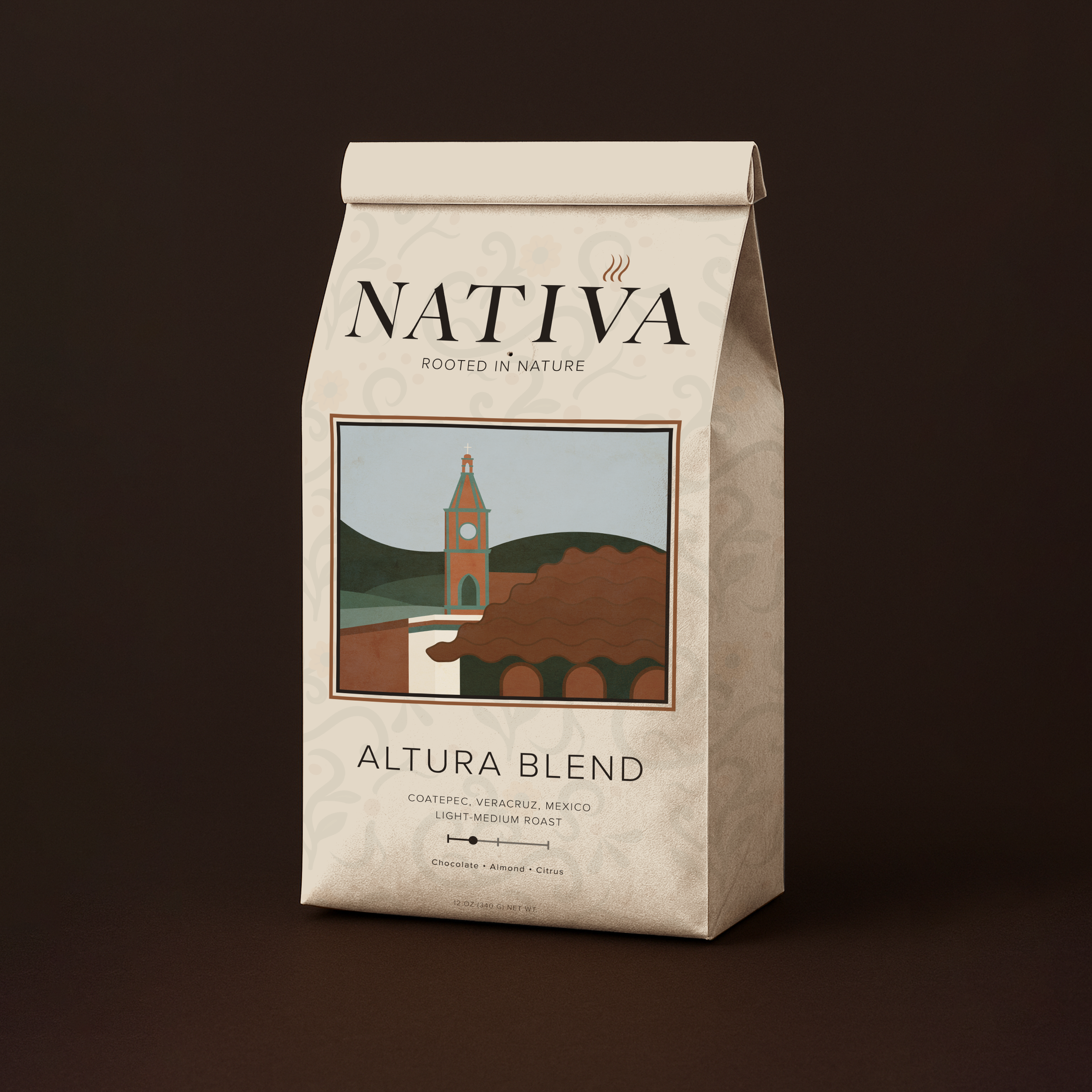 A package of Nativa Altura Blend coffee beans with an illustration of a clock tower on a hill, labeled 'Rooted in Nature', in a brown and beige color scheme.