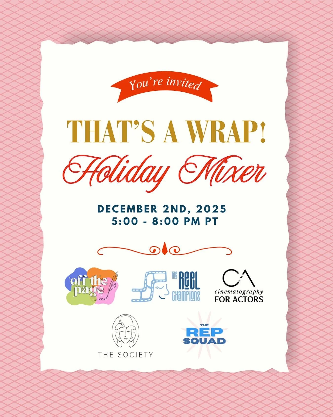 🥳 Join us for a festive holiday mixer!

We&rsquo;re teaming up with The Women of Hollywood Society, The Reel Champions, Cinematography for Actors, and The Rep Squad to celebrate the incredible female and non-binary creatives shaping film + TV.

Expe