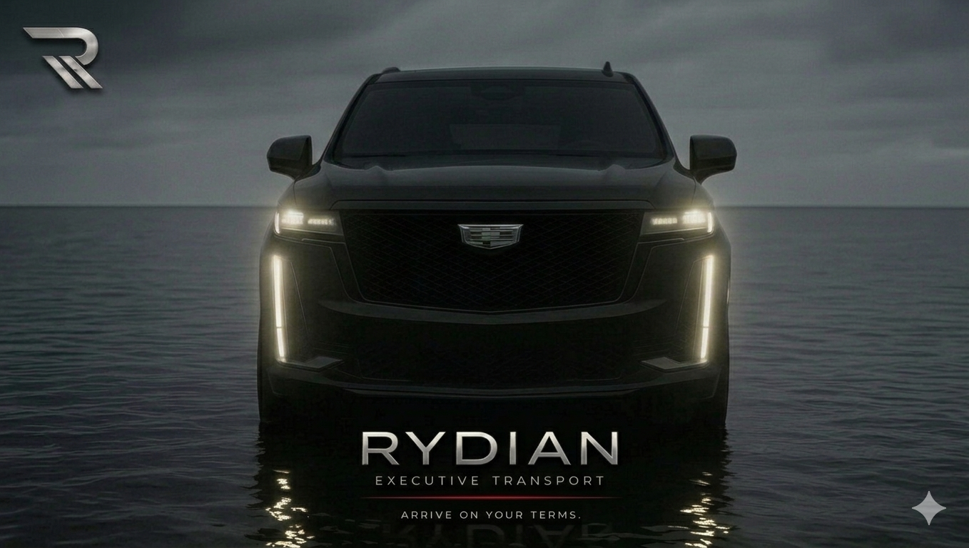Front view of a black Rydian executive transport vehicle on water with cloudy sky background.