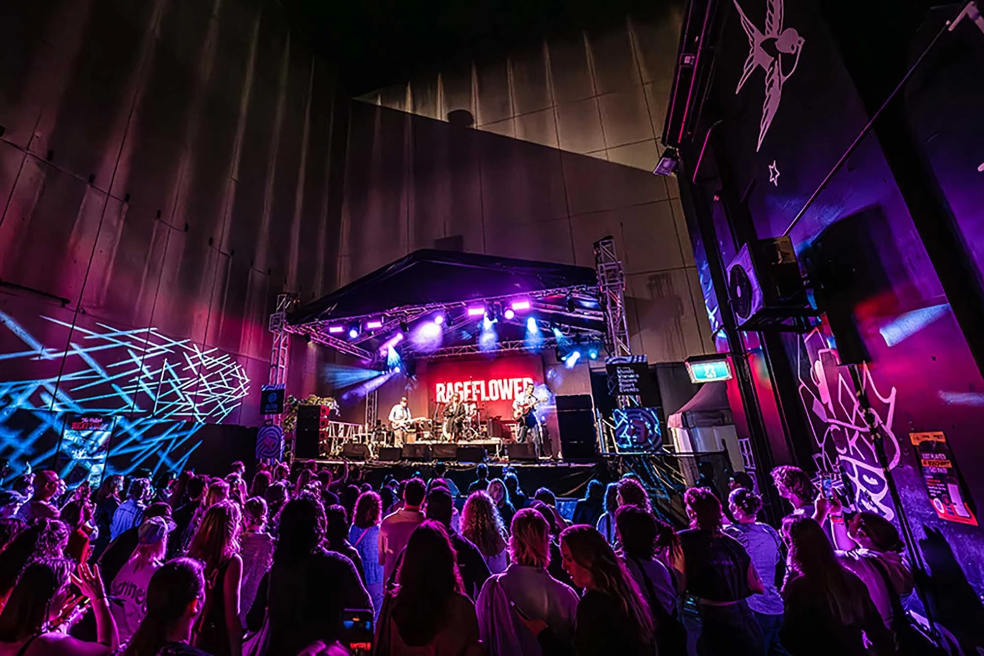 Concert scene with a band performing on stage lit with purple and blue lights, audience members standing and watching in front of the stage.