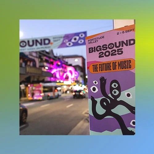 A large poster for Big Sound 2025 music event with the tagline "The Future of Music" and a stylized black octopus with eyes and stars in a purple, orange, and black design, with a blurred city street and lights in the background.