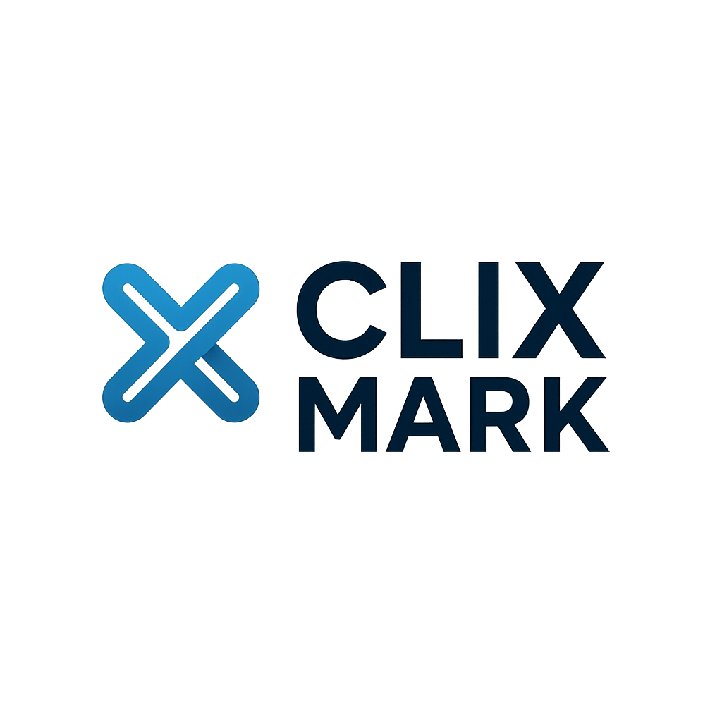 Logo with a blue stylized 'X' and the text 'CLIX MARK' in dark blue.