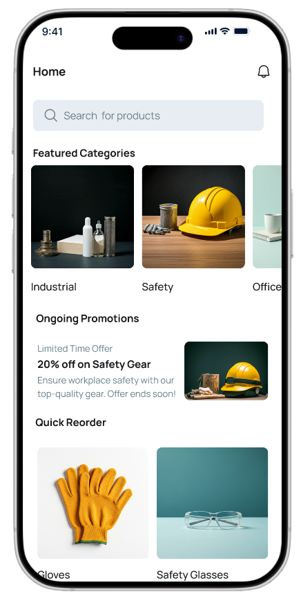 Mobile app interface showing product categories for industrial, safety, and office supplies, with ongoing promotion for safety gear, and quick reordering options for gloves and safety glasses.