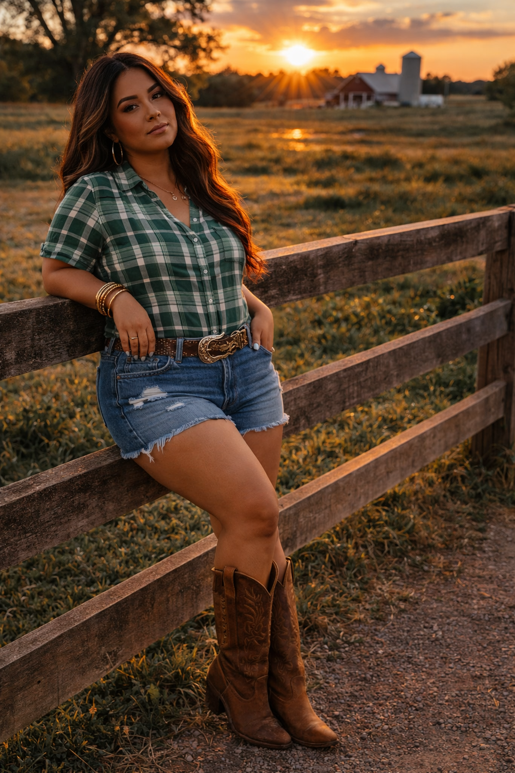 A woman leaning on a wooden fence during sunset in a rural setting, wearing a green plaid shirt, denim shorts, and cowboy boots.