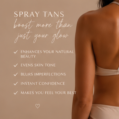 Partially visible woman in beige sports bra and shorts standing next to a beige sign promoting spray tans. The sign highlights benefits such as enhancing natural beauty, evening skin tone, blurring imperfections, boosting confidence, and making you feel your best.