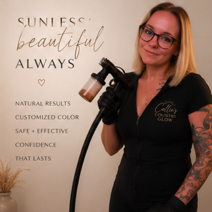 A woman with blonde hair, glasses, and tattoos, holding a tattoo machine, standing next to a wall with promotional text for a tattoo or beauty service.