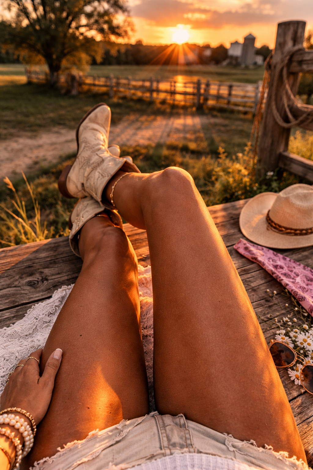 Person relaxing outdoors on a wooden surface, enjoying a sunset with legs crossed, wearing cowboy boots and jewelry. Pastel hat, sunglasses, scarf, and daisies are nearby. Scenic rural background with trees, farm buildings, and a fence.