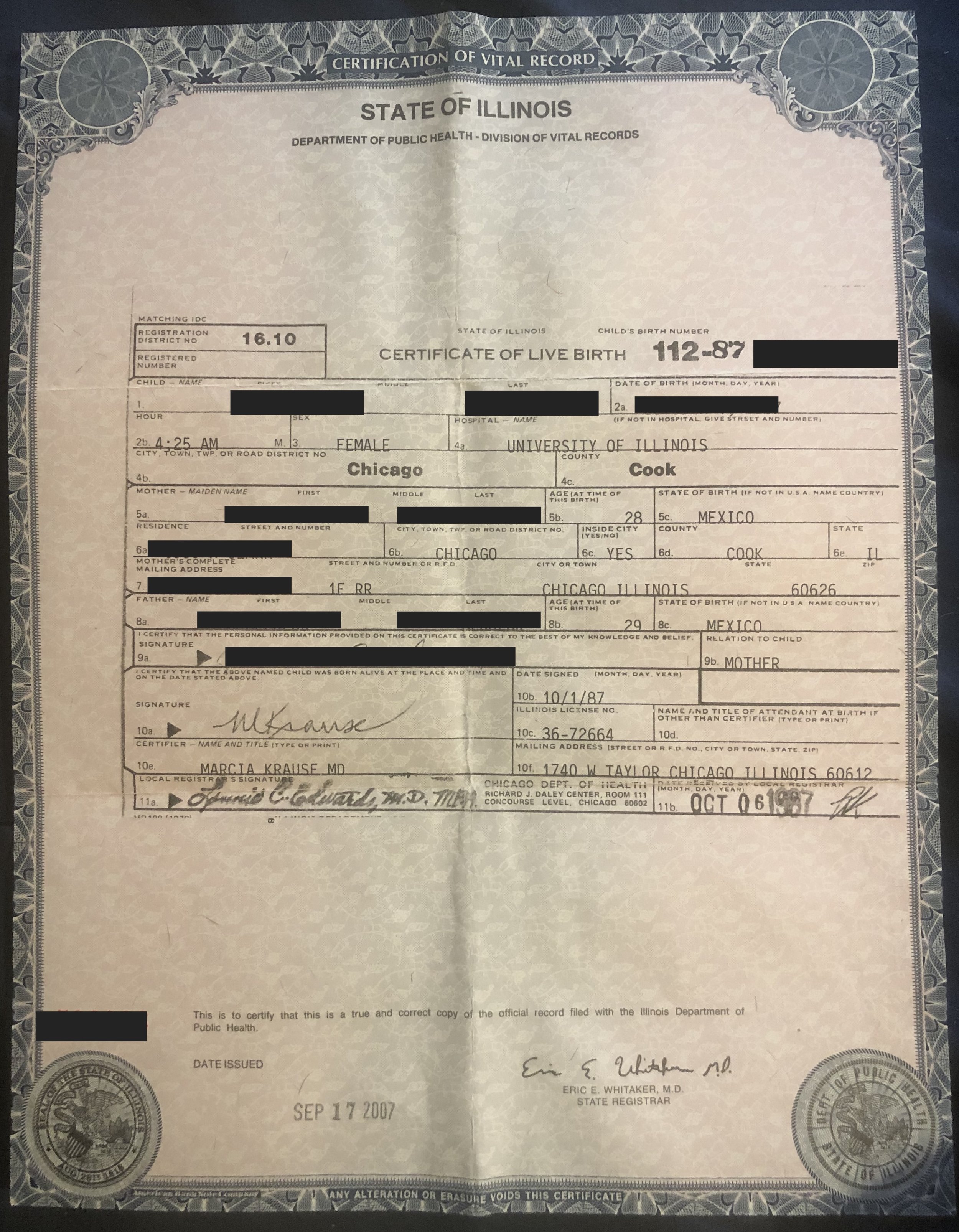 Translation of U.S. Birth Certificate
