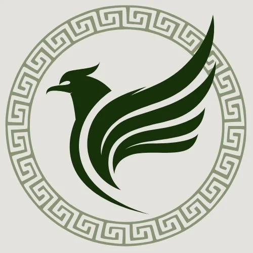 Stylized green bird with wing design inside a circular Greek key pattern.