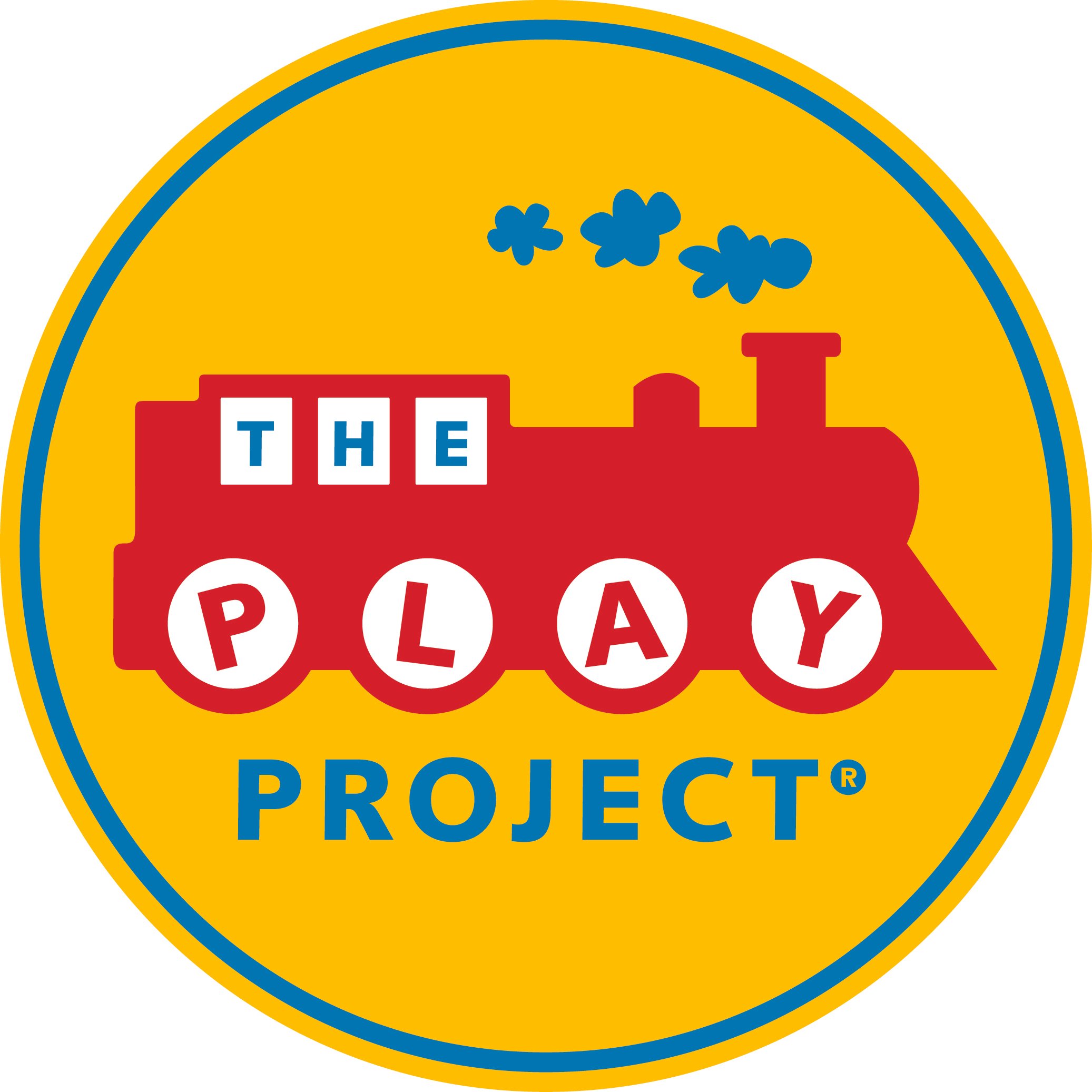Bright yellow circular logo with blue and red accents, containing the words 'THE PLAY PROJECT' in blue and red text.